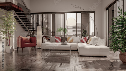 Large luxury modern bright interiors Living room mockup illustration 3D rendering computer digitally generated image 