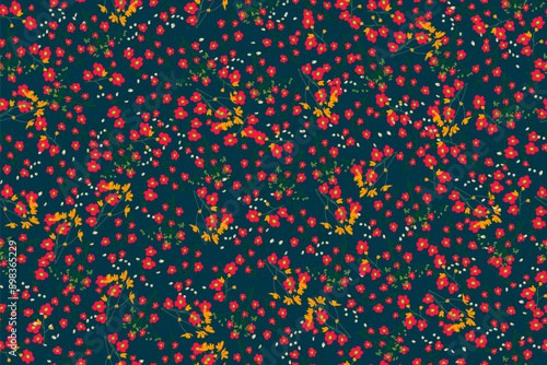 Vintage folk floral background. Seamless vector pattern for design or summer fashion prints with small ditsy red and yellow country field flowers isolated on dark blue background.