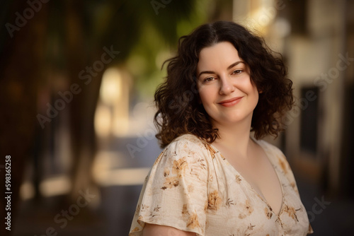 A young slightly overweight smiling woman standing in a palm street and wearing a summer dress. Brunette plus size female. Positive girl. Generative AI 