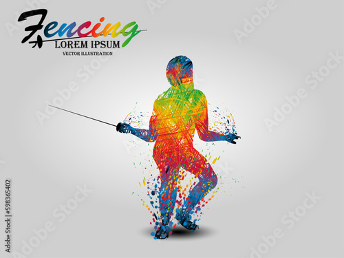 Visual drawing of man fencing athletes fight suit practicing with sword on professional sports arena, motion fast of speed practice by tournament, action color design for vector illustration set 5