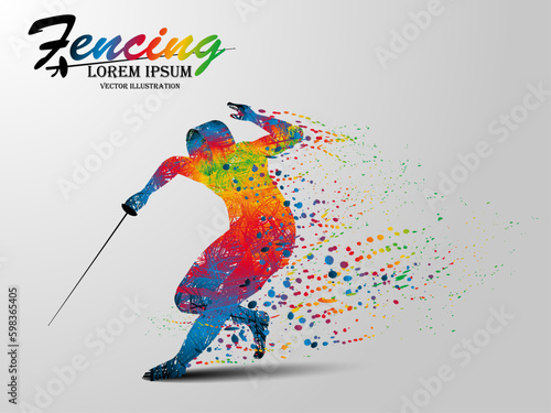 Visual drawing of man fencing athletes fight suit practicing with sword on professional sports arena, motion fast of speed practice by tournament, colorful design style for vector illustration set 2