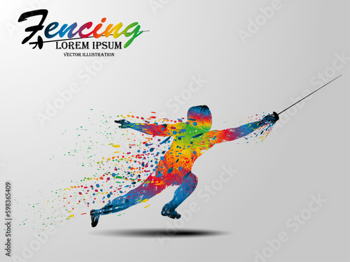 Visual drawing of man fencing athletes fight suit practicing with sword on professional sports arena, motion fast of speed practice by tournament, colorful design style for vector illustration set 1