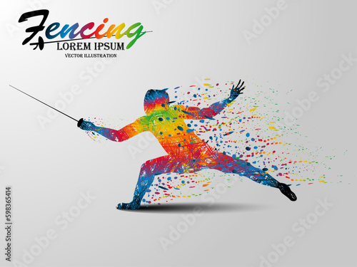 Visual drawing of man fencing athletes fight suit practicing with sword on professional sports arena, motion fast of speed practice by tournament, colorful design style for vector illustration set 3