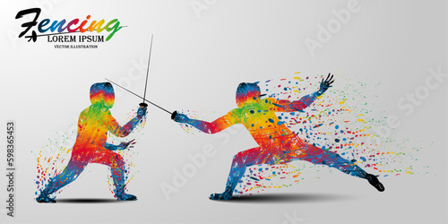 Visual drawing of 2 man fencing athletes fight suit practicing with sword on professional sports arena, motion fast of speed practice by tournament, action color design for vector illustration set 2
