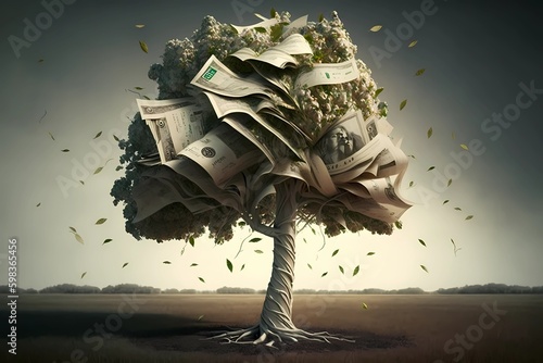 Money growing on tree concept. Money tree or cash tree with dollars on natural nature background. Business or savings design of money tree with dollar and falling down on the ground. Generative ai.