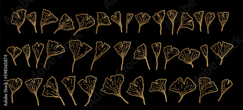 Set of gold, jewelry, shiny Ginkgo Biloba leaves on black background. Hand drawn illustration of maidenhair tree. Organic chinese suppliment. Ginkgo biloba leaf vector illustration. Generative AI photo