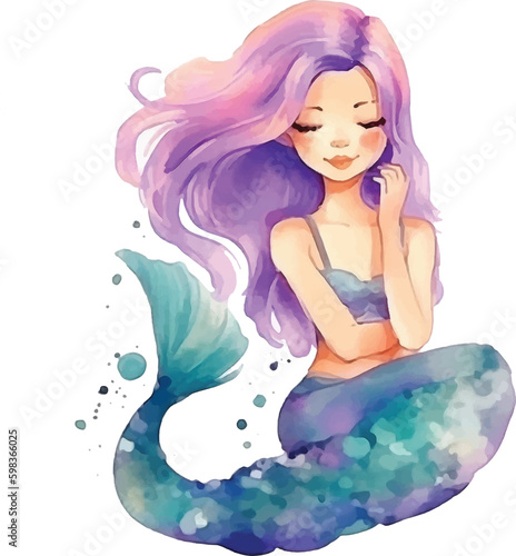 Cute mermaid girl watercolor paint
