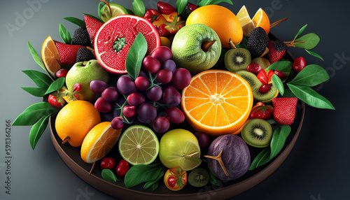 Fruits on a black background  top view of a fresh fruit arrangement  Generative AI