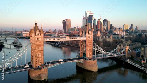 Aerial Drohne Helicopter Tower Bridge, London City, Thames, Skyline, River, 