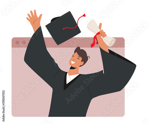 Online Graduation Ceremony Concept With Boy Bachelor Character Proudly Holding Diploma and Throwing Hat Generative AI