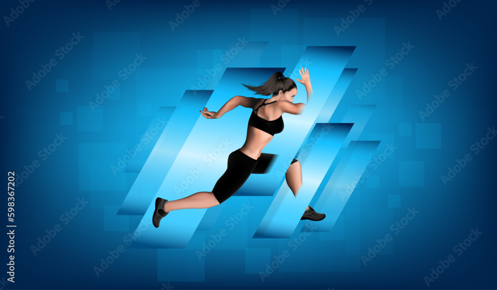 Visual drawing of 3d realistic banner ads women runner and jump into marathon sport game, concept lifestyle and health care with weight loss by exercise on black background for vector illustration