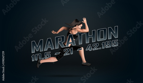 Visual drawing of 3D realistic banner ads women runner and jump into marathon sport game, concept lifestyle and health care with weight loss by exercise on black background for vector illustration