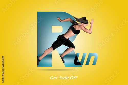 Visual drawing of 3d realistic banner ads women runner on "R" text into marathon sports game, concept lifestyle and health care with weight loss by exercise on black background for vector illustration