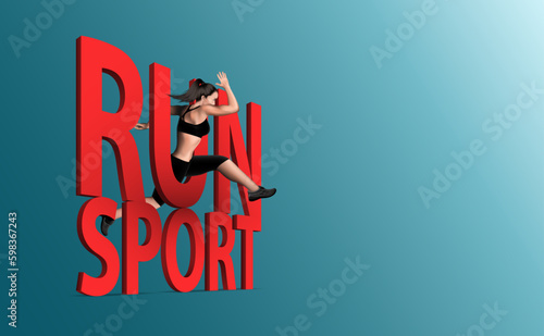 Advertising banner female athlete running and jumps over the letter Red "RUN SPORT". Concept the best lifestyle and health care with fitness daily workouts for 3d realistic vector illustration