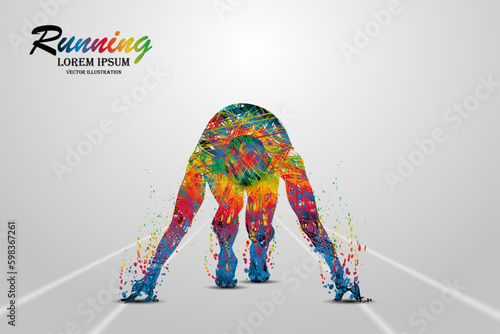 Visual drawing front view line colorful of man starts running in-game to enter finish the victory line first, concept lifestyle and health care with weight loss by exercise for vector illustration