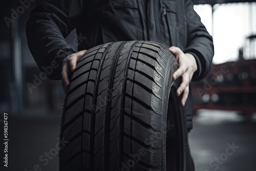 Car tire shop and service - mechanic holding new tire on garage background created with Generative AI technology