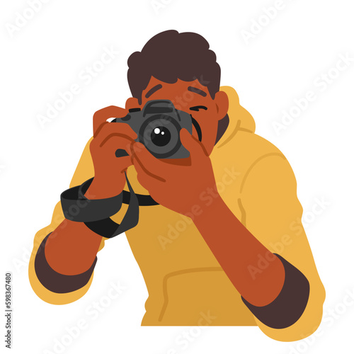 Young Man Character Captures Moments With Camera, Documenting His Travels And Experiences, Vector Illustration Generative AI