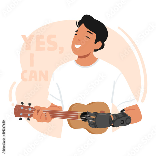 Man Strums Ukulele With A Prosthetic Arm, Demonstrating The Limitless Potential Of Adaptive Technology Generative AI