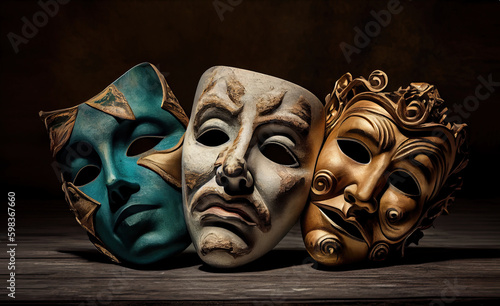 three theatrical masks on a wooden stage. Generative AI