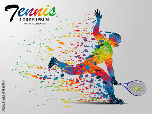 Visual drawing tennis sport and runner at fast of speed on stadium , colorful beautiful design style on white background for vector illustration, exercise sport concept