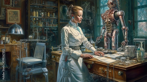 Detailed Renaissance-era oilpainting of a female engineer working on a robot in her lab, generated with AI