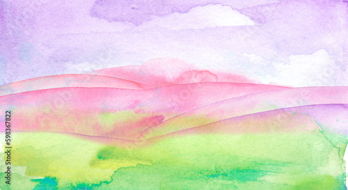 Watercolor hill, hillock, mountain, grass. Summer landscape background. Abstract splash of paint. Beautiful art banner, logo. Watercolor hill, summer landscape at sunset, dawn.