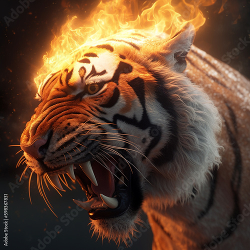 tiger exhaling flames  photo by canon  high definition  HDR  photorealistic  high detail engine 5 render  octane. Generative AI