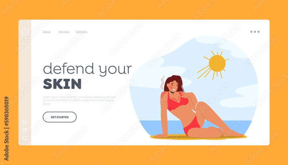 Defend your Skin Landing Page Template. Woman In Pain With Sunburn On Beach, Female Character with Red Irritated Skin Generative AI Defend your Skin Landing Page Template. Woman In Pain With Sunburn On Beach, Female Character with Red Irritated Skin Generative AI