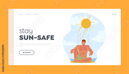 Stay Sun-Safe Landing Page Template. Man Grimacing In Pain From Sunburn On Beach, Red And Inflamed Skin, Seeking Relief Generative AI