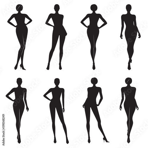Vector set of female body silhouettes in various poses in black color, isolated, on white background.