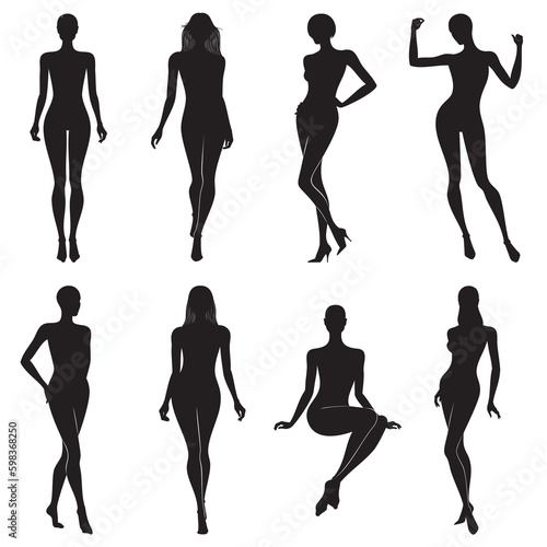 Vector fashion illustration of set of female body silhouettes in black color, isolated, on white background.