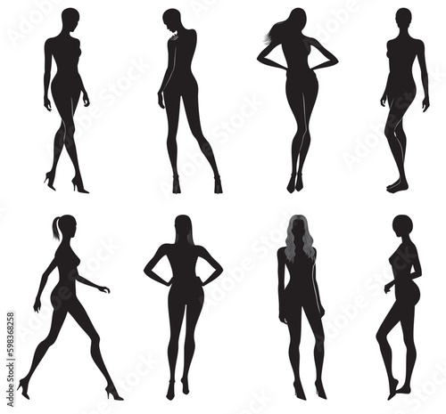 Vector set of women body silhouettes in various poses in black color, isolated, on white background.