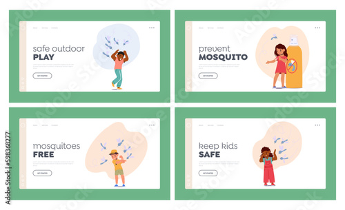 Kids Health Care Protection Landing Page Template Set. Children Suffer from Mosquito Bites, Little Boys and Girls Generative AI