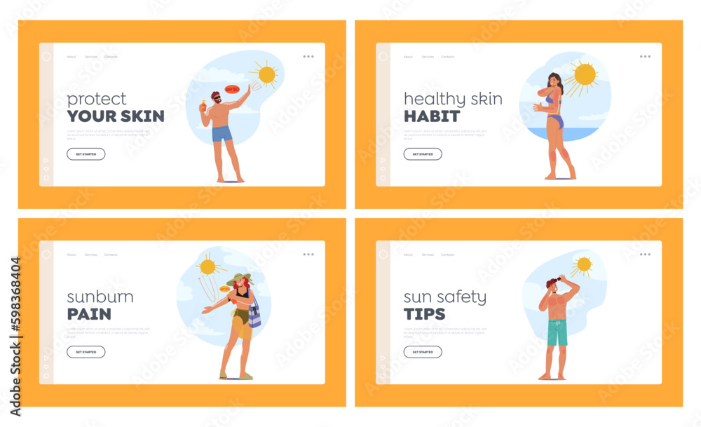 Skin Protection Landing Page Template Set. Characters On Beach With Skin Sunburn, Experiencing Pain, Redness Generative AI