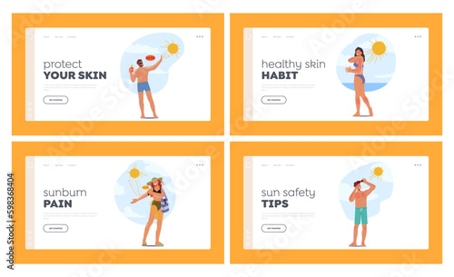 Skin Protection Landing Page Template Set. Characters On Beach With Skin Sunburn, Experiencing Pain, Redness Generative AI