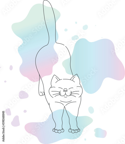 Cute stretching cats contour isolated on white background with gradient splashes. Simple vector art