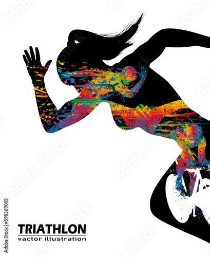 Visual double exposure logo swimming, cycling, and runner sport at fast speed in triathlon game. Line colorful beautiful design style on black background for vector illustration, exercise concept
