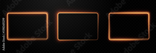 Set of vector glowing rectangular png frames. Magic glow frame. Neon frame, neon light png. Light effect png.