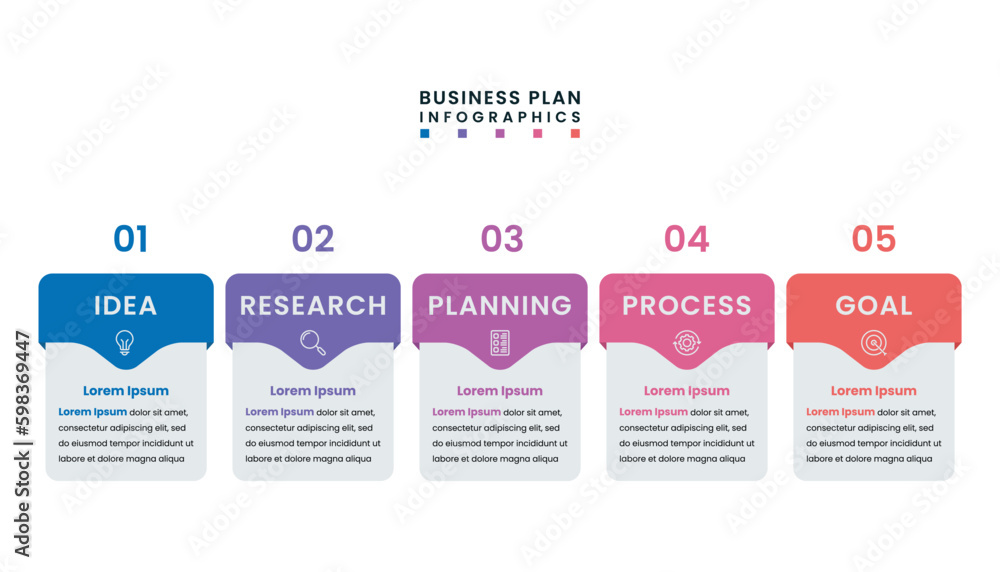 Business plan infographics. Timeline with icons, numbers and 5 steps or option.
