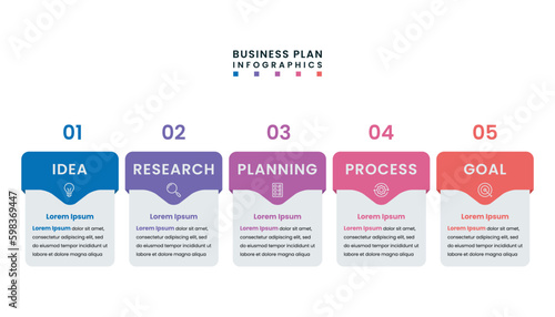 Business plan infographics. Timeline with icons, numbers and 5 steps or option. © Pasek Renti