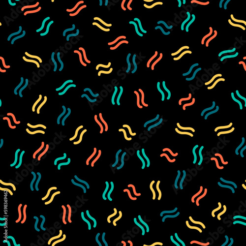 Black seamless pattern with colorful tiny wavy lines.