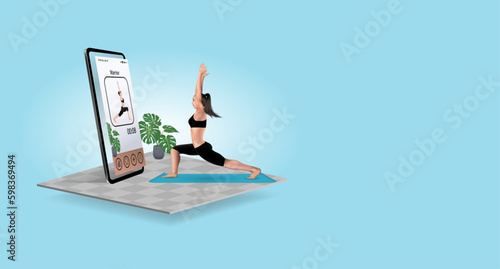 The best health and fitness application sport yoga in smartphone, concept get inspired through exercise daily workouts at home with situation of the spread of covid disease for vector illustration