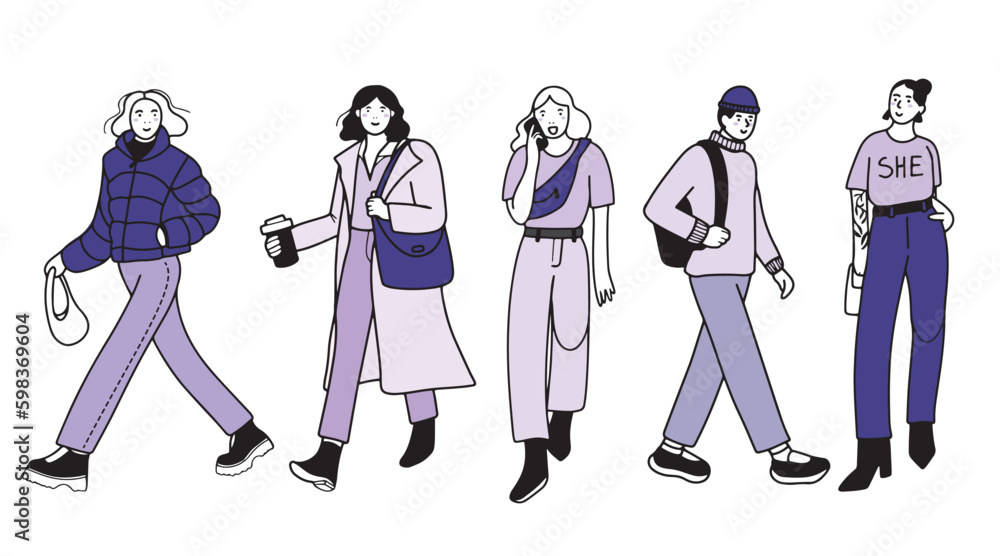 Hand drawn modern people in contour line design, walking, smiling, acting casual. Isolated vector illustration