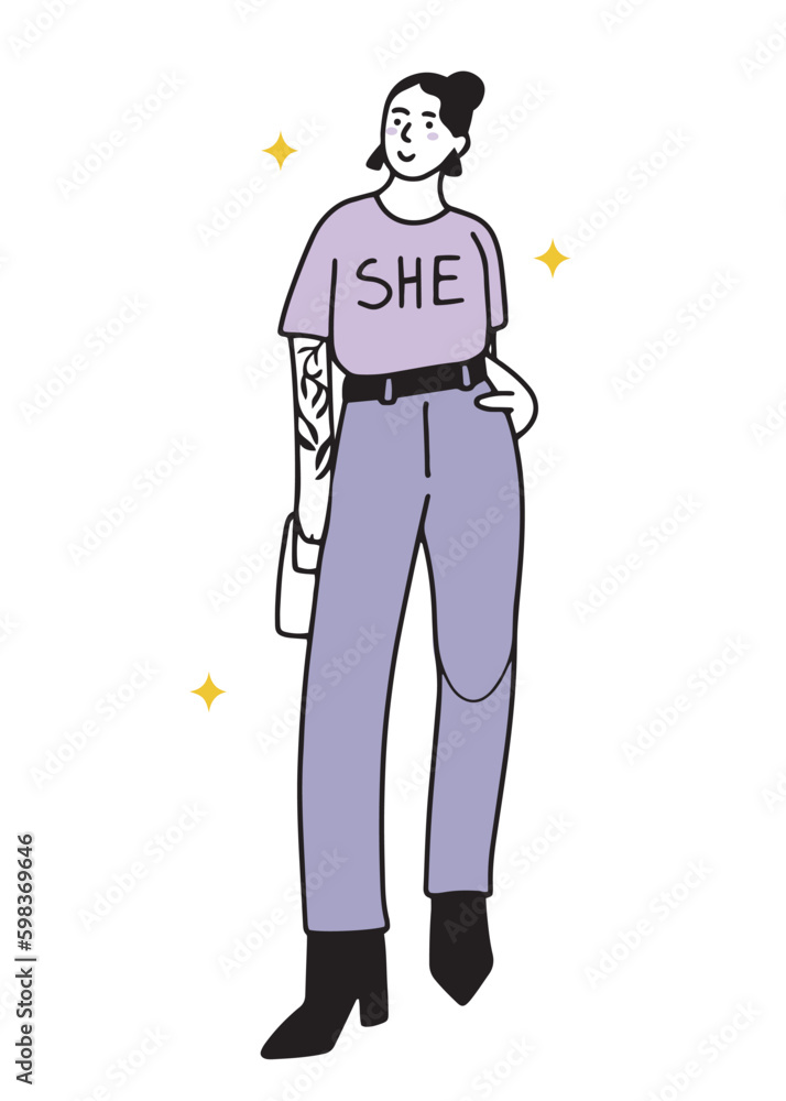 Hand drawn young adult or teenage girl standing and posing in modern clothes with confidence, outlined isolated vector illustration in line design Hand drawn young adult or teenage girl standing and posing in modern clothes with confidence, outlined isolated vector illustration in line design