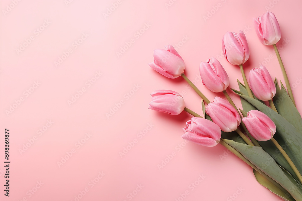 Happy Mothers Day or International Womens Day. Design template with pink tulips. Frame template with tulips composition. Copy space. Generative ai