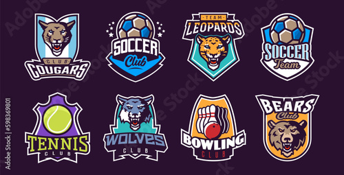 Set of mascots and sports logos. Mascots and sports logos for clubs and teams. Leopard, bear, wolf, cougar, football, soccer, tennis, bowling. Vector illustration isolated on background
