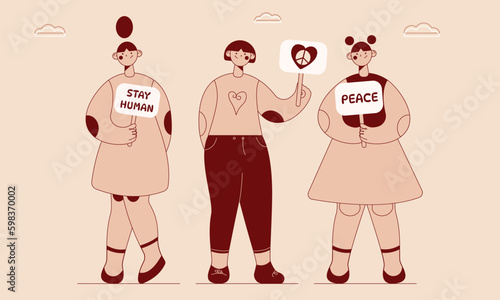 Peace sign.International peace day concept.Humanism, protest, demonstration, no war, peace, humanity background. Cartoon abstract characters.