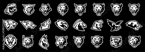 Monochrome set of sport logos animal mascots. Black white collection of mascots for sports clubs and teams. Bear, fox, wolf, tiger, lion, panther, puma, cougar, leopard, lynx, horse, hawk, dinosaur