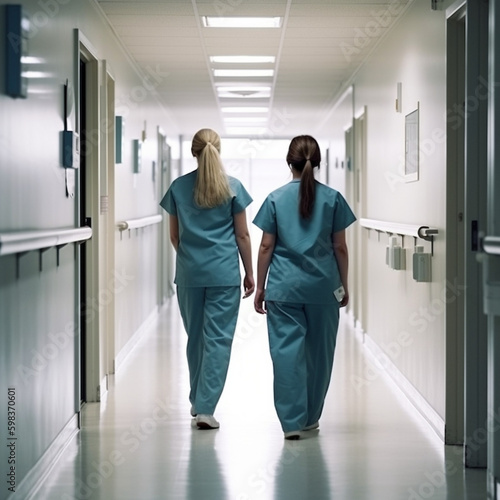 personnel hospitalier de dos dans un couloir d'hopital - IA Generative photo