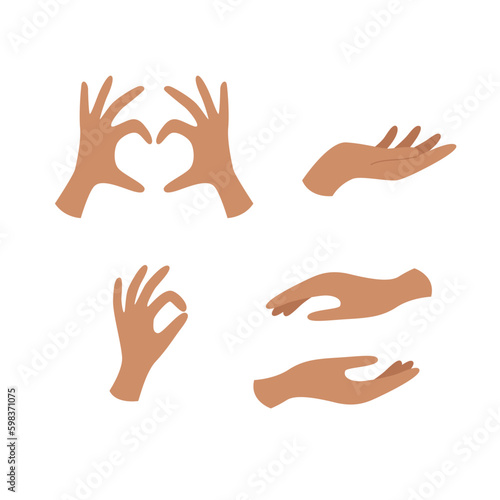 Hands poses. Female hand holding, heart shape and other gestures Generative AI